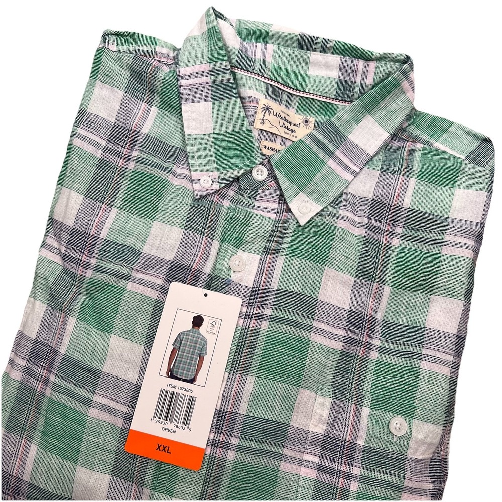 Weatherproof Men's NWT XXL Washable Linen Green Blue Plaid Short Sleeve Shirt‎